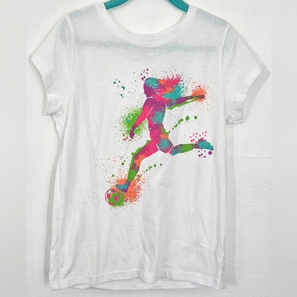 The Childrens Place Girls White Soccer Graphic T-Shirt Size M 7/8‎
